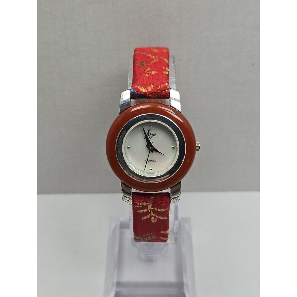 Aria Womens 925 Sterling Silver Quartz Watch Stone Bezel Red Brocade New Battery